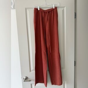 Rust Colored Linen Wide-Leg Drawstring Pants w/ Pockets